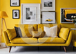 Interior design with photoframes and yellow couch