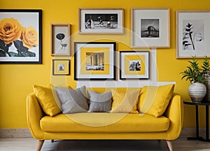 Interior design with photoframes and yellow couch photo