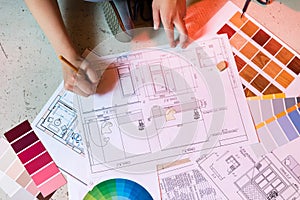 Interior design plan with tools and pallete