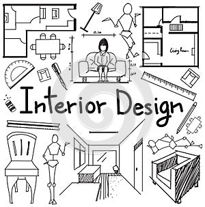 Interior design profession doodle in white paper background photo