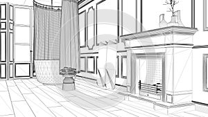 Interior design project, black and white ink sketch, architecture blueprint showing classic bathroom with fireplace