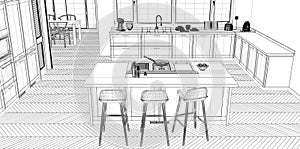 Interior design project, black and white ink sketch, architecture blueprint showing classic kitchen