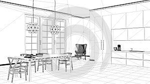 Interior design project, black and white ink sketch, architecture blueprint showing classic kitchen, dining table laid for two, wi