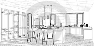 Interior design project, black and white ink sketch, architecture blueprint showing classic kitchen with island