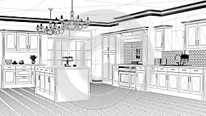 Interior design project, black and white ink sketch, architecture blueprint showing classic vintage luxury kitchen, island with