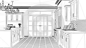 Interior design project, black and white ink sketch, architecture blueprint showing classic vintage luxury kitchen, island with
