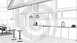 Interior design project, black and white ink sketch, architecture blueprint showing contemporary kitchen