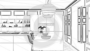 Interior design project, black and white ink sketch, architecture blueprint showing contemporary kitchen