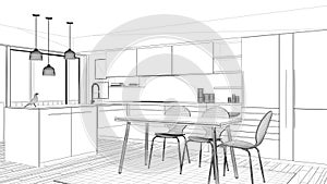 Interior design project, black and white ink sketch, architecture blueprint showing contemporary kitchen