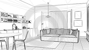 Interior design project, black and white ink sketch, architecture blueprint showing contemporary kitchen