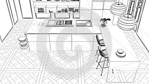 Interior design project, black and white ink sketch, architecture blueprint showing contemporary kitchen