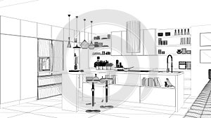 Interior design project, black and white ink sketch, architecture blueprint showing contemporary kitchen