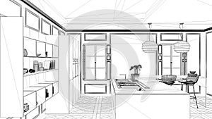 Interior design project, black and white ink sketch, architecture blueprint showing contemporary kitchen