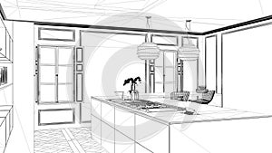 Interior design project, black and white ink sketch, architecture blueprint showing contemporary kitchen