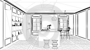 Interior design project, black and white ink sketch, architecture blueprint showing contemporary kitchen