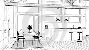 Interior design project, black and white ink sketch, architecture blueprint showing contemporary kitchen with wooden roof