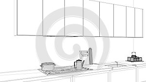 Interior design project, black and white ink sketch, architecture blueprint showing kitchen