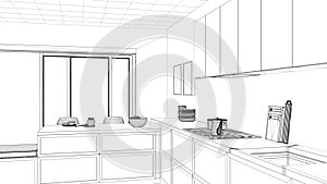 Interior design project, black and white ink sketch, architecture blueprint showing kitchen