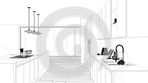 Interior design project, black and white ink sketch, architecture blueprint showing minimalist kitchen with island and big panoram