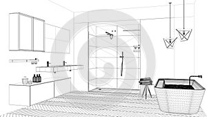 Interior design project, black and white ink sketch, architecture blueprint showing modern bathroom with bathtub and shower