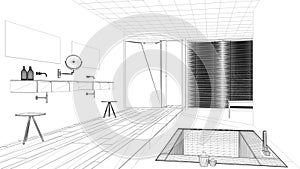Interior design project, black and white ink sketch, architecture blueprint showing modern bathroom with bathtub