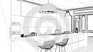 Interior design project, black and white ink sketch, architecture blueprint showing modern kitchen in classic apartment, cabinets