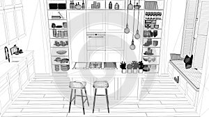 Interior design project, black and white ink sketch, architecture blueprint showing modern kitchen in contemporary apartment with