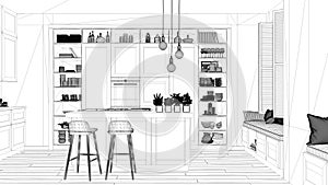 Interior design project, black and white ink sketch, architecture blueprint showing modern kitchen in contemporary luxury
