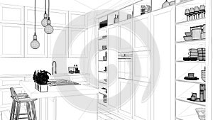 Interior design project, black and white ink sketch, architecture blueprint showing modern kitchen in contemporary luxury