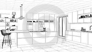 Interior design project, black and white ink sketch, architecture blueprint showing modern kitchen with island