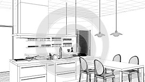 Interior design project, black and white ink sketch, architecture blueprint showing modern kitchen with island