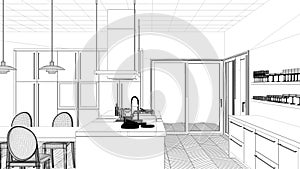 Interior design project, black and white ink sketch, architecture blueprint showing modern kitchen with island