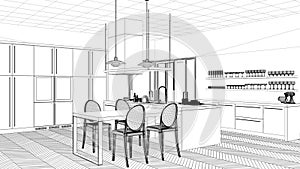 Interior design project, black and white ink sketch, architecture blueprint showing modern kitchen with island