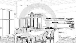 Interior design project, black and white ink sketch, architecture blueprint showing modern kitchen with island and chairs