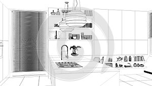 Interior design project, black and white ink sketch, architecture blueprint showing modern kitchen with shelves and cabinets