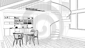 Interior design project, black and white ink sketch, architecture blueprint showing modern kitchen with staircase and mezzanine