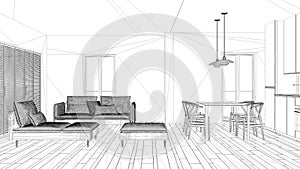 Interior design project, black and white ink sketch, architecture blueprint showing modern living room