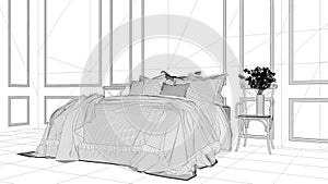Interior design project, black and white ink sketch, architecture blueprint showing vintage classic bedroom with soft bed full of