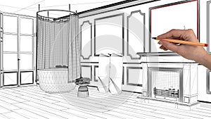 Interior design project concept, hand drawing custom architecture, black and white ink sketch, blueprint showing classic bathroom