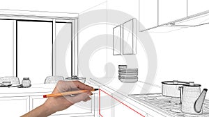 Interior design project concept, hand drawing custom architecture, black and white ink sketch, blueprint showing minimal kitchen