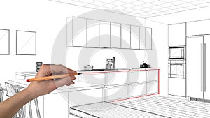 Interior design project concept, hand drawing custom architecture, black and white ink sketch, blueprint showing minimal kitchen