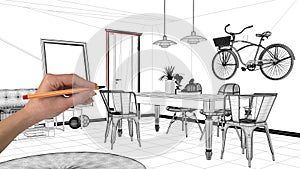 Interior design project concept, hand drawing custom architecture, black and white ink sketch, blueprint showing minimalistic livi