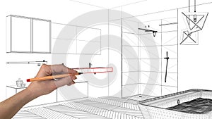 Interior design project concept, hand drawing custom architecture, black and white ink sketch, blueprint showing modern bathroom