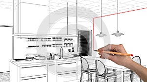 Interior design project concept, hand drawing custom architecture, black and white ink sketch, blueprint showing modern kitchen