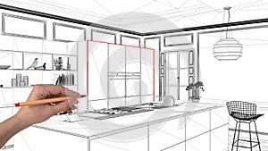 Interior design project concept, hand drawing custom architecture, black and white ink sketch, blueprint showing modern kitchen