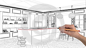 Interior design project concept, hand drawing custom architecture, black and white ink sketch, blueprint showing modern kitchen