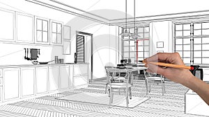 Interior design project concept, hand drawing custom architecture, black and white ink sketch, blueprint showing scandinavian livi