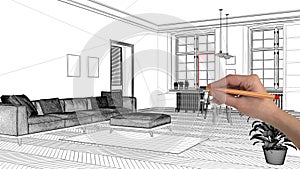 Interior design project concept, hand drawing custom architecture, black and white ink sketch, blueprint showing scandinavian livi