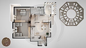 Interior design project with feng shui consultancy, home apartment flat plan, top view with bagua and tao symbol, yin and yang