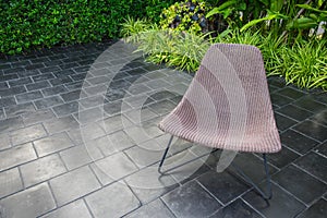 Interior design, rattan chair in garden